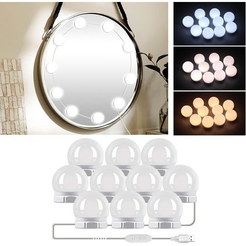 3 Couleurs Lumires De Miroir,10 Ampoules Hollywood Dimmable Led Mirror Light Kit,10 Niveaux De Luminosit Miroir Lumineux De Salle De Bains (Miroir Non Inclus)