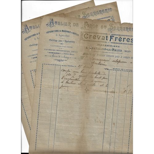 3 Factures 1910 Atelier De Forge Et Serrurerie Crevat Frres Chatillon La Palud (Ain) Mcaniciens, Rparations Machines Vapeur Et Agricoles, Charrues, Faucheuses, Lieuses Adriance  Lamaraud Ambrieu