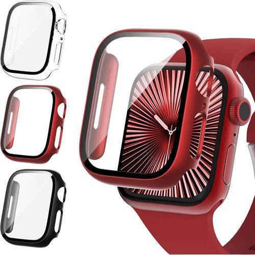 3 Pack 42mm Screen Protector Compatible With Apple Watch Series 10 With 9h Tempered Glass,Shockproof Overall Protective Case For Iwatch 42mm (Black/Red/Clear)