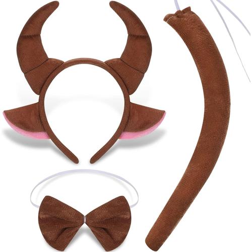 3 Pcs Accessoires De Costume Corne Inclure Bandeau DOreilles Forme Taureau Ox Serre-Tte D'animaux En Peluche Marron Queue Et Noeud Papillon Pour Hallowen Anniversaire, Multicolore, M