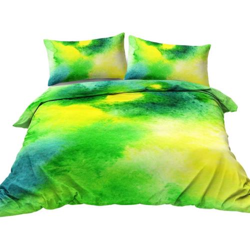 3 Pieces Parure De Lit Queen Size, Jaune, Vert, Aquarelle Abstraite, Housse De Couette  Motif Moderne Avec Attaches Zippes, Taies D'oreiller, Douce Et Confortable