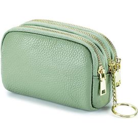 porte-monnaie en cuir véritable à fermeture éclair (vert clair