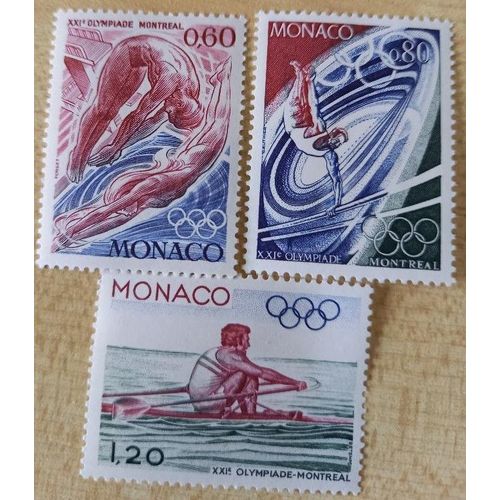 3 Timbres Neufs Oblitrs Monaco , Consacrs Aux Xxie Olympiade De Montral, Le Plongeon  0,60f, La Gymnastique  0,80f Et L'aviron  1,20f.