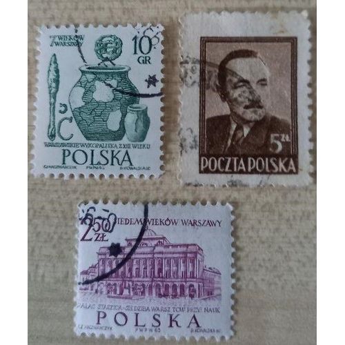 3 Timbres Oblitrs Polska Consacrs  Une Poterie  10 Groszy, Un Monument  1,35 Zloty Et Un Portrait  5 Zloty.