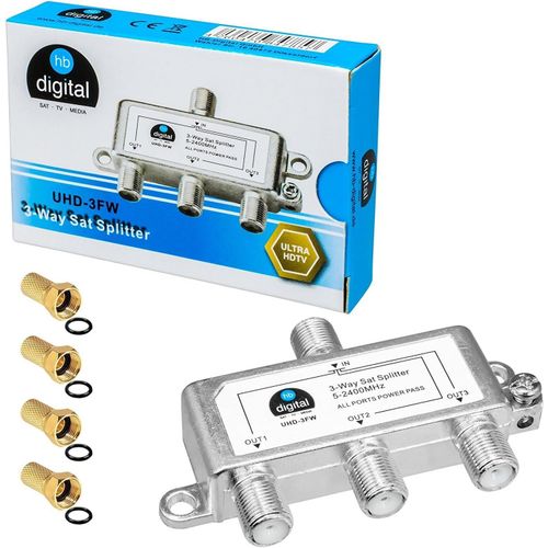 3 Way SAT BK FM Splitter 5-2400MHz Digital and Analog Compatible with 4 F Plugs Included