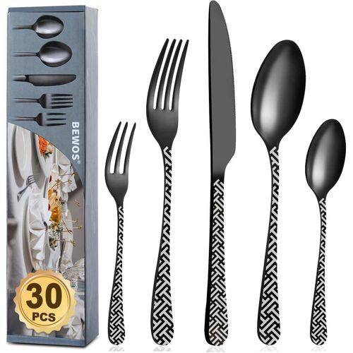 30 Pices Ensemble De Couverts En Acier Inoxydable Noir Mat,Ensemble De Couverts Avec Couteau,Fourchette,Cuillre,Service Pour 6 Personnes,Passe Au Lave-Vaisselle/Facile  Nettoyer