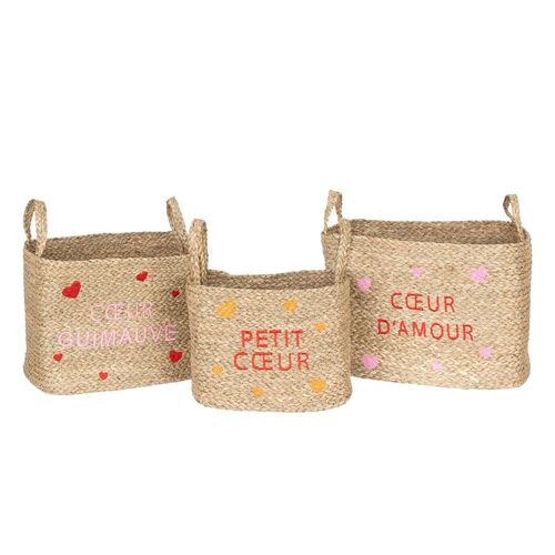 Lot De 3 Paniers En Osier Assortis Motifs C?Ur - Beige