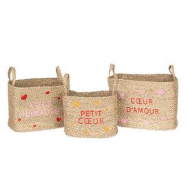 Lot De 3 Paniers En Osier Assortis Motifs C?Ur - Beige