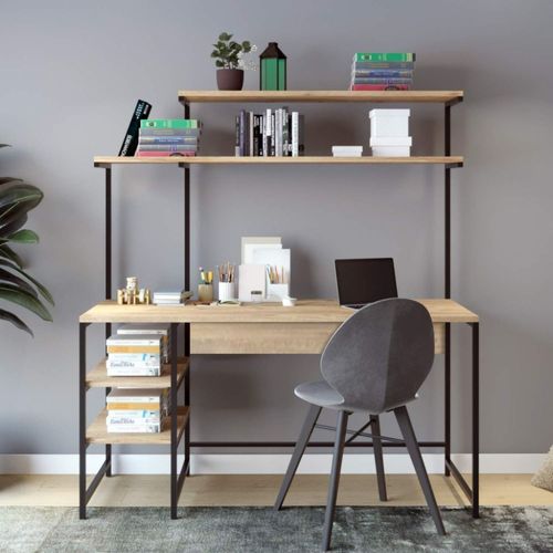 Forssa - Bureau Style Industriel Chêne Et Noir À Étagères