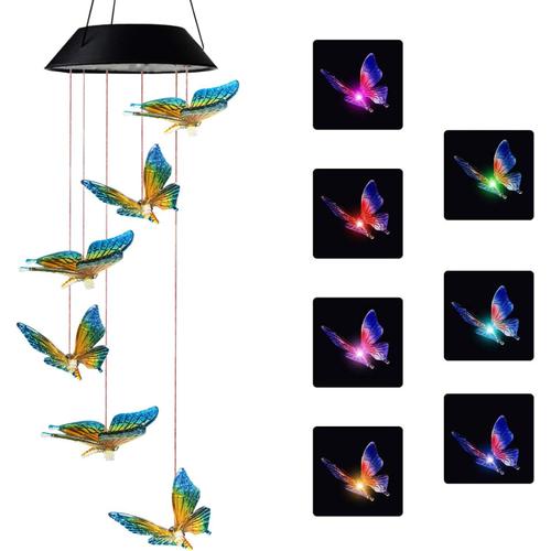 Carillons Éoliens Solaires Papillon Pour L'extérieur, Cadeaux Pour Maman Carillon Éolien Mobile À Suspendre À Changement De Couleur Extérieur Led Étanche Lumière Solaire Porche Terrasse Jardin Patio Décor (Papillon Bleu)