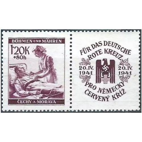 Tchécoslovaquie, Occupation Allemande, Bohème Et Moravie 1941, Très Beau Timbre Neuf** Luxe Yvert 62, Au Profit De La Croix Rouge Allemande, Infirmière Et Patient, Avec Vignette Aigle Et Croix Gammée.