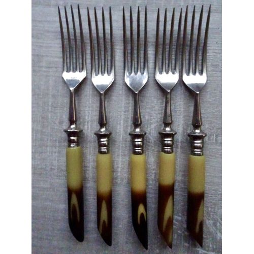 Lot De 5 Fourchettes Anciennes Allemandes - Manche En Bakélite, Vintage