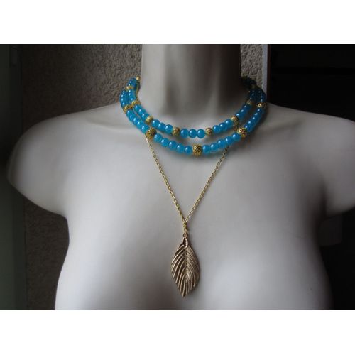 Collier Multi Rangs Bleu Et Or En Perles De Verre