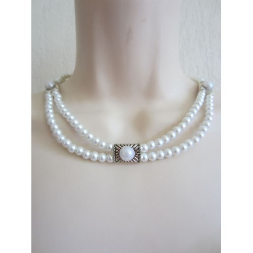 Collier Multi Rangs Blanc En Perles De Verre