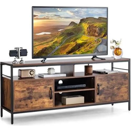 Costway 65" Meuble Tv Avce 2 Placards À Porte Et 4 Compartiments, Industriel, Pour Salon, Chambre, Salle, Marron, 110 X 42,5 X 45 Cm