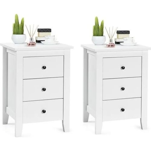 Costway Lot De 2 Table De Chevet, Table De Nuit Moderne Avec 3 Tiroirs, Pour Salon, Bureau, Chambre, 46 X 37 X 65 Cm, Blanc