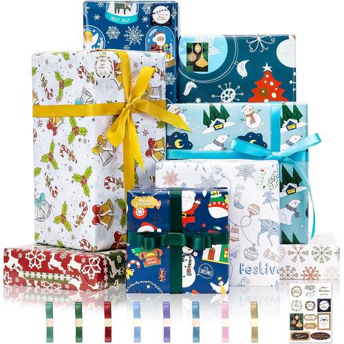 Papier Cadeau Noel Avec Rubans Et Autocollants, 8 Feuilles Papier Emballage Cadeau Noël Coloré, Motifs Mignons De Père Noël Cerf Ange, Emballage Cadeau Brillant Pour Nouvel An Fête, 70x50cm