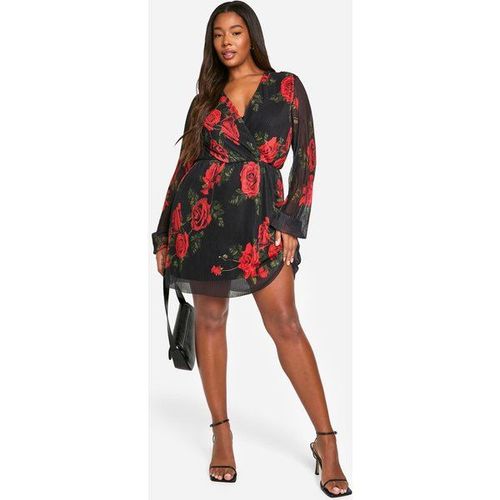 Robe Patineuse Plissée À Imprimé Rose - Noir - 48