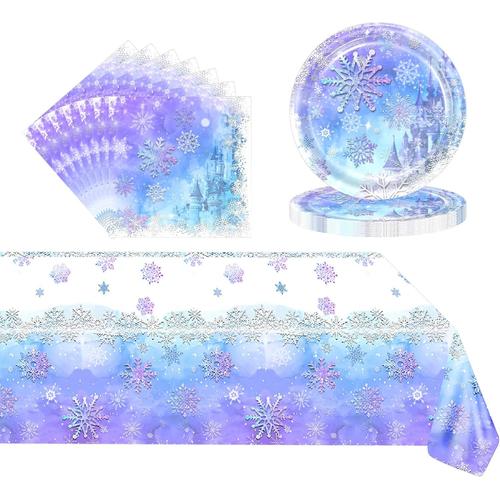 37p Vaisselle De Fête En Papier De Flocon De Neige -16x Assiette Reine Des Neiges,20 X Serviettes,Nappe De Frozen,Ensemble De Vaisselle Pour Anniversaire Reine Des Neiges Décoration(16 Invités)