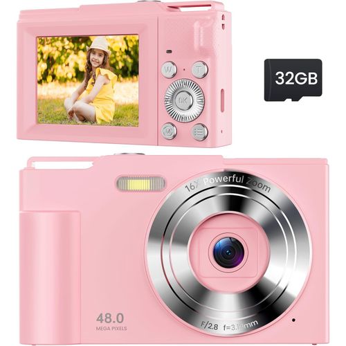 Appareil Photo Numérique Compact: 16X Zoom 48Mp Digital Camera-Appareil Photo Numérique Enfant 1080P Camera Vlog-Appareil Photo Numérique Ado Avec 32Go Carte Pour Adolescents Débutants Rose