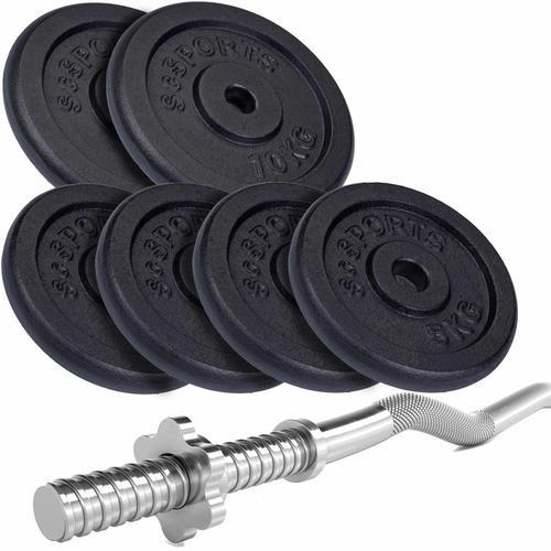 Scsports® Haltère Longue - Barre Ez 120+Disques 40 Kg (4x5 Kg+2x10 Kg), 30/31mm, Chrome, Fonte - Set De Barre Longue Avec Poids