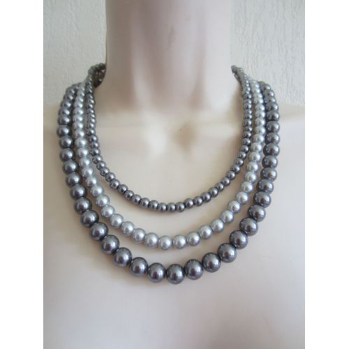 Collier Multi Rangs Gris En Perles De Verre