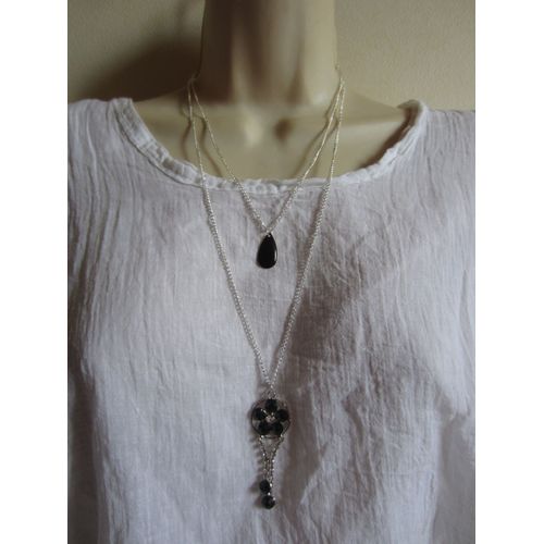 Collier Multi Rangs Noir Et Argenté