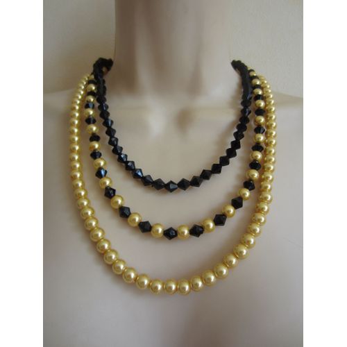 Collier Multi Rangs Noir Et Doré