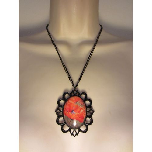 Collier Noir Avec Cabochon Coquelicot