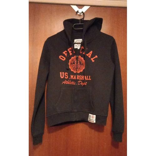 Gilet À Capuche Molleton Femme Official Us Marshall ( Altetic Dépt, Taille S,Coloris Noir, Broderie Rose Fushia, Fermeture Zippée, 2 Poches En Biais Sur Le Bas À L'avant, Logo Marque Brodé Sur L'avant