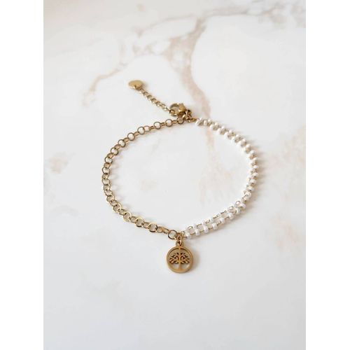 Bracelet Doré En Acier Inoxydable Arbre De Vie Original Perles Blanches