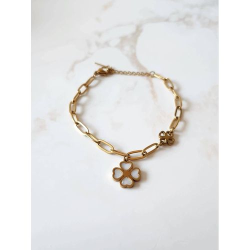 Bracelet Doré Tendance En Acier Inoxydable Avec Trèfle En Résine Blanche