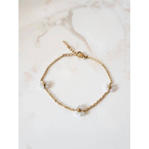 Bracelet Doré En Acier Inoxydable Avec Fleurs En Perles Blanches