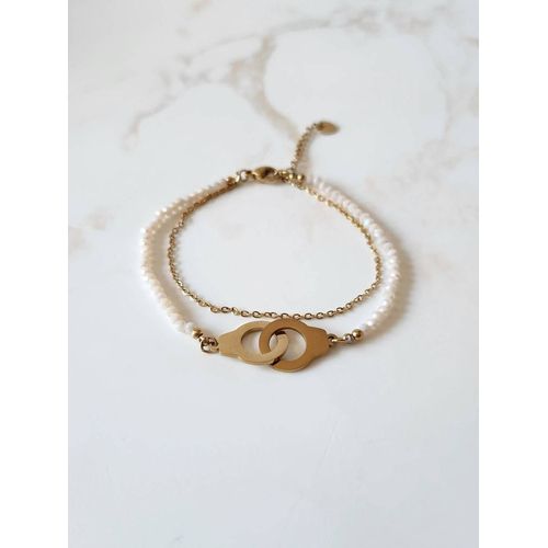 Double Bracelet Doré En Acier Inoxydable Avec Perles Blanches Et Menottes