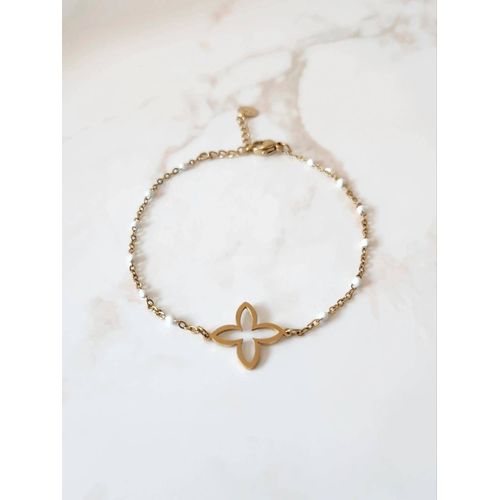 Bracelet Fin Doré En Acier Inoxydable Et Perles Blanches Avec Fleur