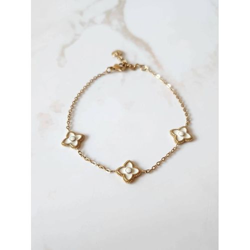 Bracelet Doré En Acier Inoxydable Fleurs En Résine Blanche