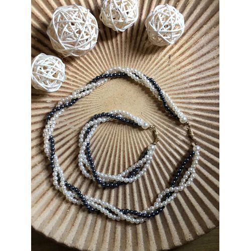 Collier De Perles Et Bracelet De Perles Blanches Et Bleu Marine