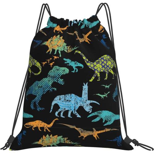 Sac À Dos Coloré Avec Cordon De Serrage, Motif Dinosaure, Sac De Sport, Sac À Dos Pour Femmes Et Hommes, Sacs À Dos D'entraînement Et De Yoga, Noir , Taille Unique