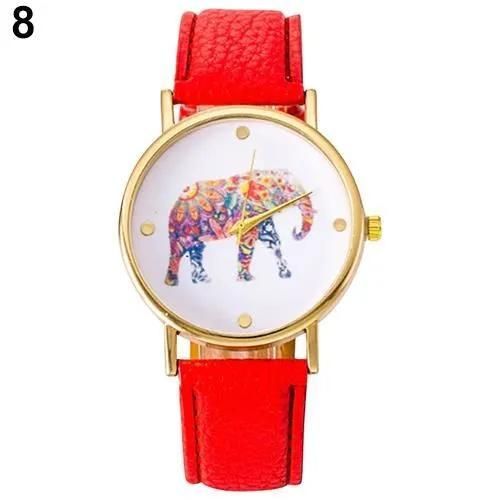 Montre-Bracelet Tudiante - Léphant Doré - Simili Cuir Rouge - Quartz