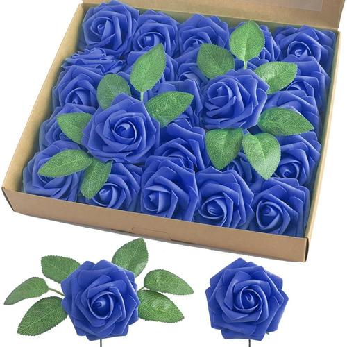 Lot de 25 Roses artificielles en Mousse avec Tige pour décoration d'intérieur, Bouquet de Mariage, fête, certerpieces - Bleu Roi