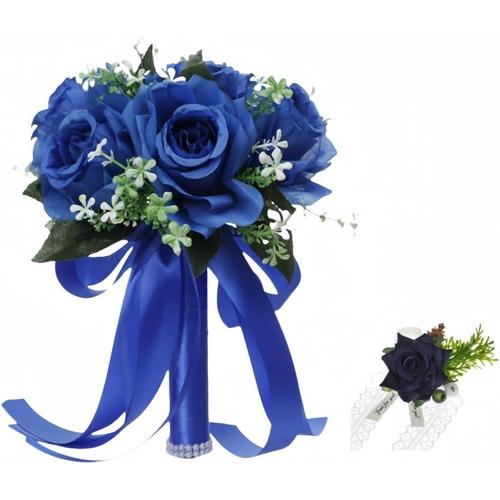 Bouquets de mariage pour mariée avec rose au poignet Bouquet de fleurs artificielles en soie synthétique pour mariage, Saint-Valentin, fête, bal de fin d'année, décoration (bleu roi)