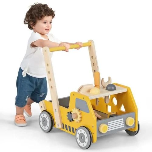 Costway 2 En 1 Chariot De Marche En Bois Avec Centre De Jouets, Cuisine De Jeu, Horloge, Enfant 1 An+, Jouet Montessori, Jaune