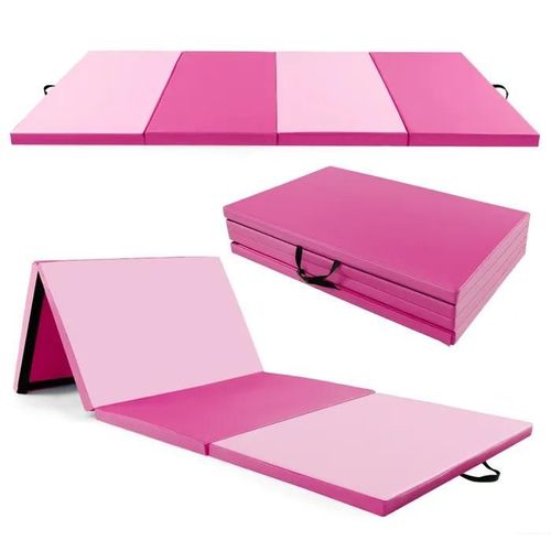 Tapis De Gymnastique Pliable Costway-300 X 117 X 5cm À 4 Plis Avec Poignées, Tapis En Pu Avec Attaches Auto-Agrippantes-Rose