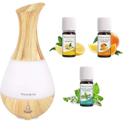 Coffret Cadeau Diffuseur Brumisateur + 3 X 10 Ml Huiles Essentielles Bio Distillées En France Citron, Menthe Poivrée, Orange Douce + Guide D'aromathérapie - Hebbd - Hect - Mearome 