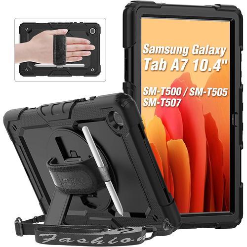 Coque Samsung Galaxy Tab A7 10,4 Pouces(Sm-T500/Sm-T505),Coque De Protection Intégrale Antichoc Avec Dragonne Et Support Rotatifs À 360 Degrés,Protecteur D'écran,Bandoulière,Porte-Stylo S,Noir