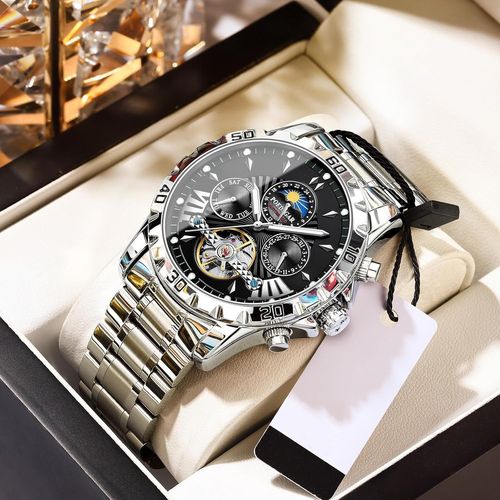 Tourbillon Montre Pour Homme À Remontage Automatique - Bracelet En Acier Inoxydable - Phase De La Lune - Montre Mécanique - Affichage Analogique De La Date