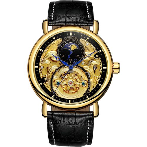 Montre Analogique Originale Pour Homme - Vintage Am/Pm - Soleil Et Lune - Cadran Squelette - Bracelet En Cuir