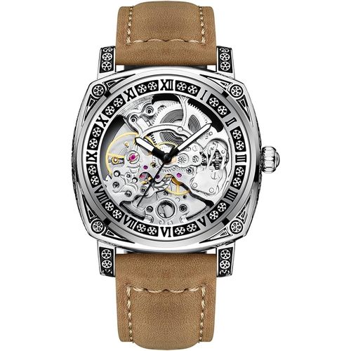 Montre Squelette Mécanique À Remontage Automatique Pour Homme Avec Grand Cadran En Cuir Véritable