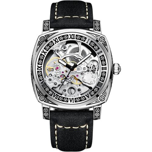 Montre Squelette Mécanique À Remontage Automatique Pour Homme Avec Grand Cadran En Cuir Véritable