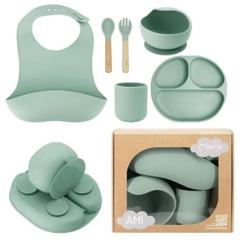 Momi Ami - Set De Vaisselle En Silicone Pour L¿Alimentation Bébé - Sans Bpa Ni Phtalates - Bois De Hêtre ¿ Vert